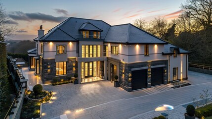 large 6 bedroom ultra modern home at dusk in the uk with slate roof