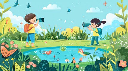 Wall Mural - Create a vector illustration of a Children using binoculars at a pondin a kawaii style, simplified to feature fewer elements for a cleaner look, Use a color palette that is appealing to children, with