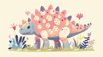 Wall Mural - Create a vector illustration of a Ankylosaurus with its armored platesin a kawaii style, simplified to feature fewer elements for a cleaner look, Use a color palette that is appealing to children, wit