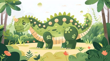 Wall Mural - Create a vector illustration of a Ankylosaurus with its armored platesin a kawaii style, simplified to feature fewer elements for a cleaner look, Use a color palette that is appealing to children, wit