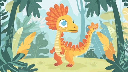 Poster - Create a vector illustration of a Dilophosaurus with frilled neckin a kawaii style, simplified to feature fewer elements for a cleaner look, Use a color palette that is appealing to children, with bri