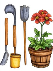 Gardening Tools and a Potted Flower