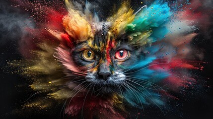 Wall Mural -   A multicolored cat's face appears against a black backdrop in shades of yellow, red, blue, green, and orange