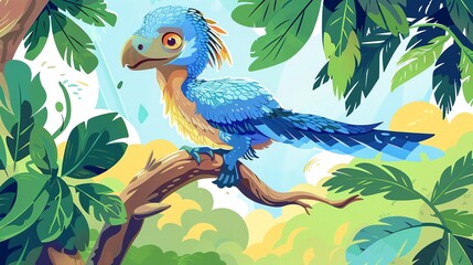 Wall Mural - Create a vector illustration of a Microraptor perched in a treein a kawaii style, simplified to feature fewer elements for a cleaner look, Use a color palette that is appealing to children, with brigh