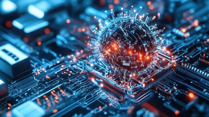 Leinwandbilder - Futuristic technology concept with a glowing digital sphere on a circuit board representing artificial intelligence and data processing.