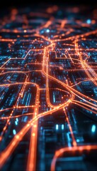 Aufkleber - Glowing blue and orange lines forming a futuristic digital network grid, representing technology, data, and connectivity at night.