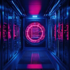 Leinwandbilder - Futuristic server room with vibrant neon lights and high-tech equipment, showcasing advanced technology in a data center environment.