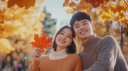 Handsome lovely asian woman and man couple in the fall season autumn landscape sunny day, trees and leaves background, holding colorful maple leafs