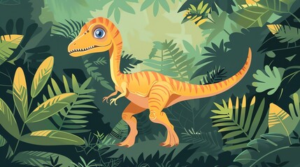 Wall Mural - Create a vector illustration of a Deinonychus in a packin a kawaii style, simplified to feature fewer elements for a cleaner look, Use a color palette that is appealing to children, with bright and ch