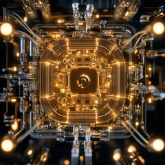 Leinwandbilder - Futuristic microchip with intricate golden circuitry, showcasing advanced technology and innovation in modern electronics.