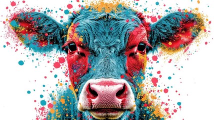   Close-up of a cow's face covered in colorful paint splatters