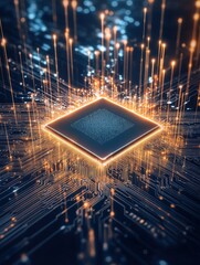 Poster - Futuristic microchip with glowing circuits, representing advanced technology and innovation in computing hardware and semiconductor industry.