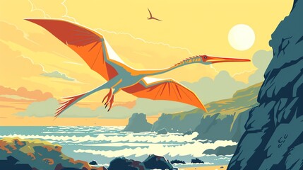 Wall Mural - Create a vector illustration of a Pteranodon flying over a coastlinein a kawaii style, simplified to feature fewer elements for a cleaner look, Use a color palette that is appealing to children, with