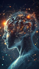 Fototapete - Futuristic human head with glowing neural network connections representing artificial intelligence and advanced technology.