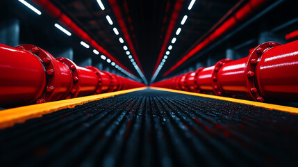 Futuristic tunnel with vibrant red pipes and lighting, showcasing industrial technology and infrastructure, with a captivating perspective.