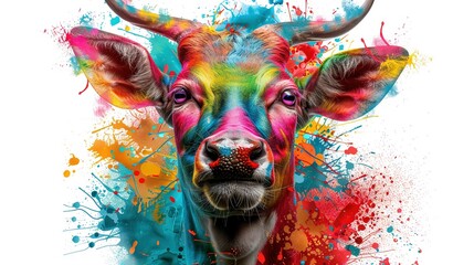 Wall Mural -  A vivid portrait of a bull's face adorned with numerous paint splatters