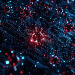 Aufkleber - Futuristic digital virus concept on a dark circuit board background with red and blue glowing elements. High technology threat illustration.