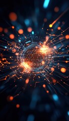 Fototapete - Futuristic digital technology concept with glowing orange and blue neural network connections in a dark background, representing artificial intelligence.