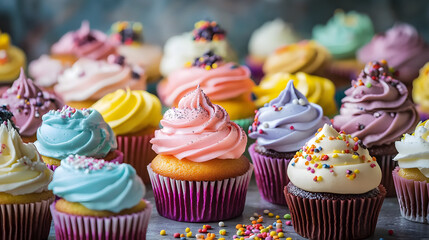 Wall Mural - A colorful assortment of delectable cupcakes adorns a table