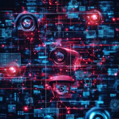 Poster - Futuristic digital security system concept with interconnected surveillance cameras and data visualization.
