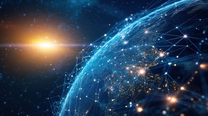 Leinwandbilder - Futuristic digital representation of Earth with connected points and a glowing sun in the background, highlighting global connectivity.