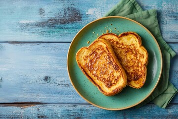 Wall Mural - French toast in a bowl on a blue wooden background.