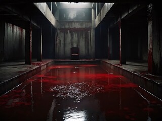 Mysterious abandoned warehouse with bloodstained water and a single chair at dusk