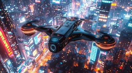 Wall Mural - Futuristic Drone Over Neon City