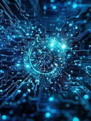 Fototapete - Futuristic digital abstract technology background with blue and neon glowing lights, representing data and innovation.