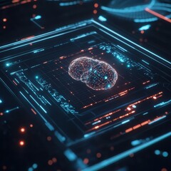 Fototapete - Futuristic digital brain hologram in vibrant blue and orange tones symbolizing technology, AI, and advanced computing.