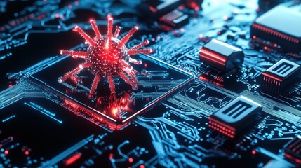 Poster - Futuristic concept of a computer virus on a motherboard, showcasing the dangers of cyber threats and the importance of cybersecurity.