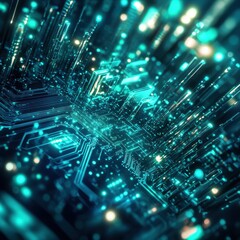 Leinwandbilder - Futuristic circuit board with glowing lights, representing advanced technology and digital innovation in electronics and computing.