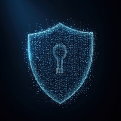 Aufkleber - Digital shield with a keyhole symbol, representing cyber security and data protection, glowing in blue with pixelated particles on a dark background.