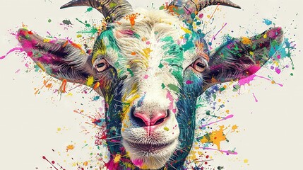 Wall Mural -   A close-up of a goat's face, covered in paint splatters around its eyes, nose, and horns