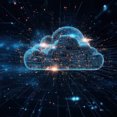 Fototapete - Digital representation of cloud computing technology with data transfer and futuristic neon lights on a dark background.