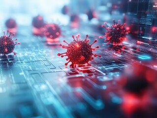 Poster - Digital representation of a virus spreading in a network, showcasing the concept of cyber threats and digital infections in technology.
