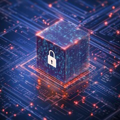 Poster - Digital lock on a glowing cube representing cybersecurity and data protection in a virtual environment.