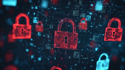Poster - Digital lock icons representing internet security and data protection with a dark background.