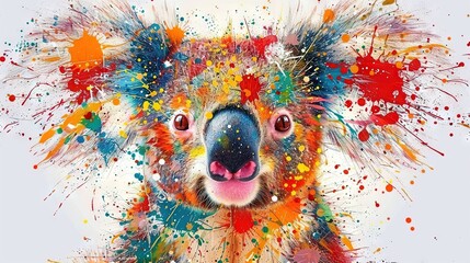 Wall Mural -   A koala portrait adorned with vibrant paint splatters across its face and neck