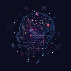 Fototapete - Digital abstract illustration of a human head with neural network connections, representing artificial intelligence and machine learning.