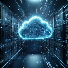 Fototapete - Cloud computing concept with digital cloud hovering in a server room, representing storage, technology, and data management.
