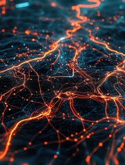 Fototapete - Abstract futuristic neural network with glowing orange lines and nodes on a dark background, representing AI and digital connectivity.