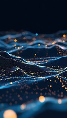 Fototapete - Abstract digital wave pattern with glowing particles on a black background, representing data flow and futuristic technology.