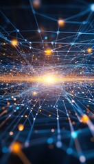 Fototapete - Abstract digital network background with glowing nodes and connecting lines, representing technology, communication, and data exchange.