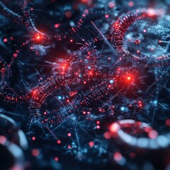 Fototapete - Abstract digital glowing coils and dots depicting neural networks and connections on a dark background, perfect for technology themes.