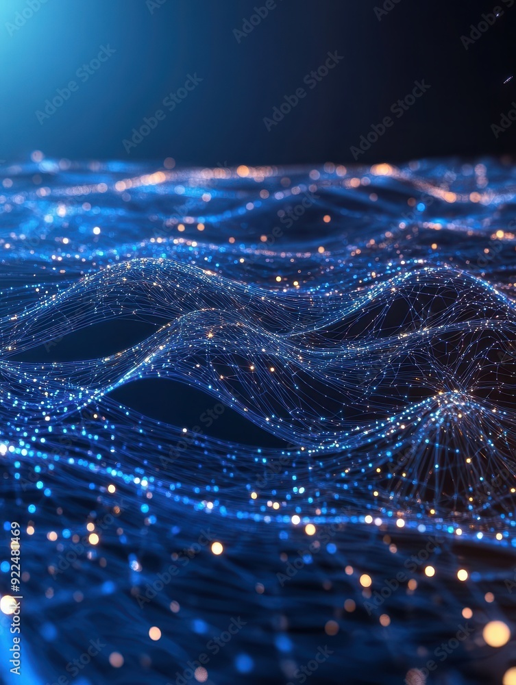 Abstract digital background with a dynamic wave of glowing dots and ...