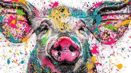 Wall Mural -   A pig's face in paint, with splatters on nose, ears, and whiskers