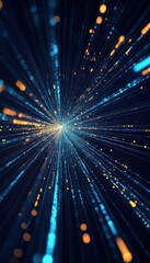 Leinwandbilder - Abstract digital background with blue and orange light streaks radiating outwards, resembling a tunnel or warp speed effect.