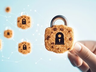 Leinwandbilder - A hand holding a cookie shaped as a lock symbolizing data privacy and internet security with encrypted connections.