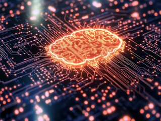 Fototapete - A glowing digital brain over a circuit board, symbolizing artificial intelligence and the intersection of technology and neural networks.